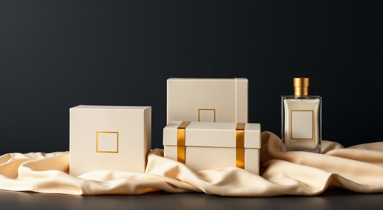 Luxury Shopify brand product packaging flat lay with gold foil accents