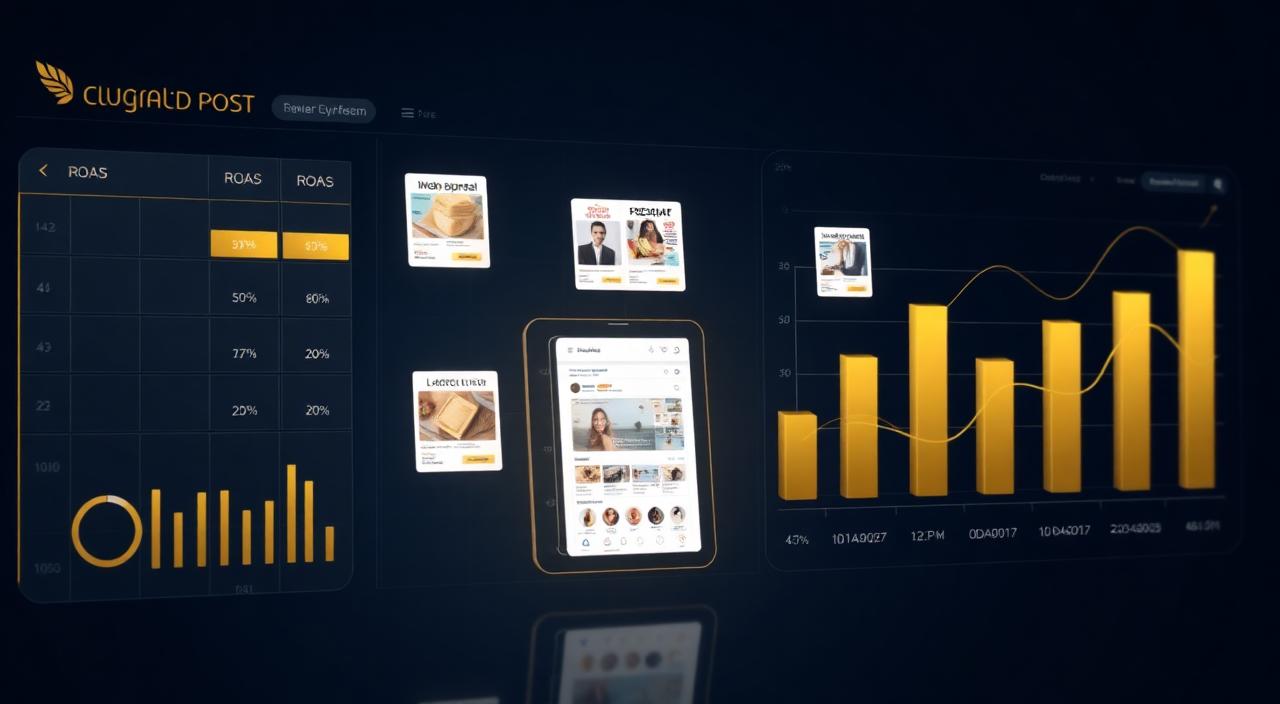 Paid ads performance dashboard showing ROAS metrics and ad creative to landing page match