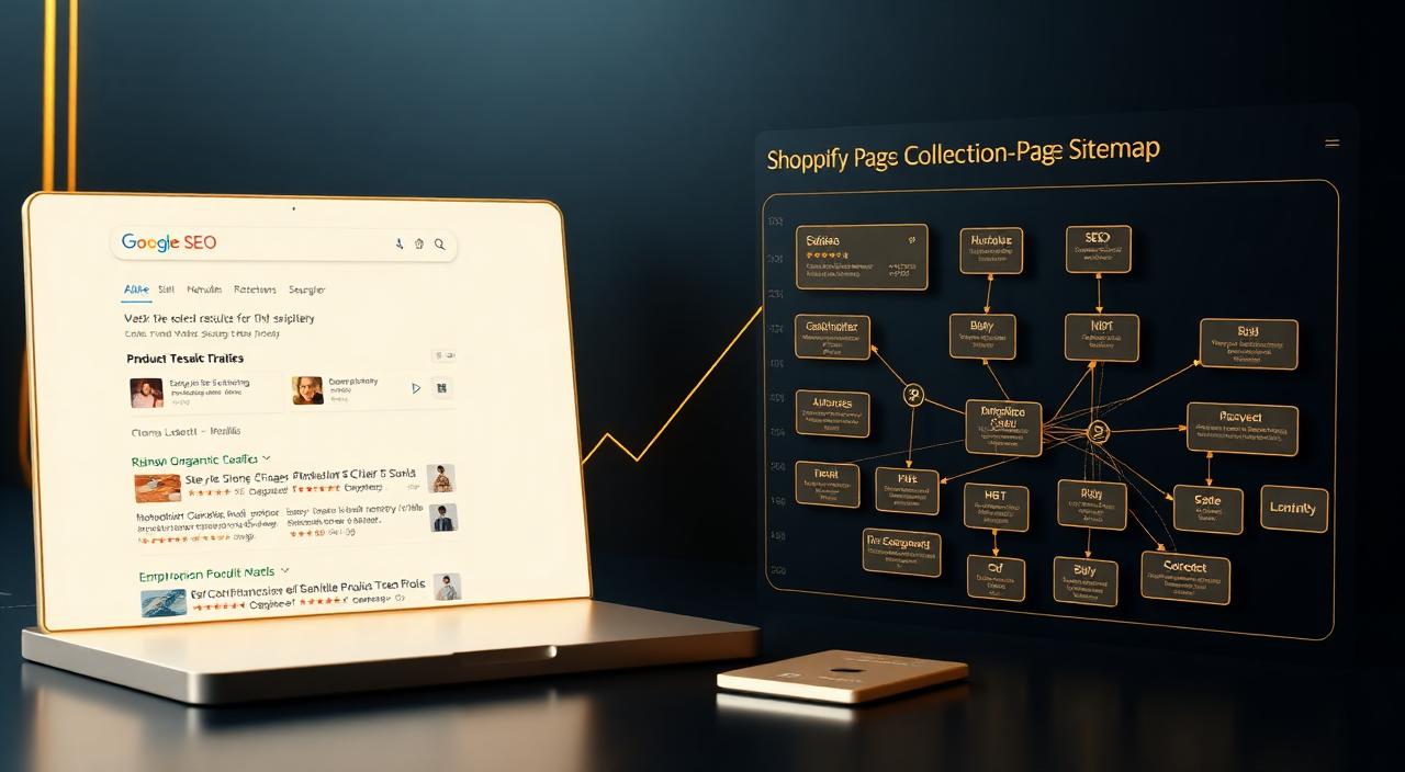 Shopify SEO strategy visual with Google rich results and a collection page sitemap